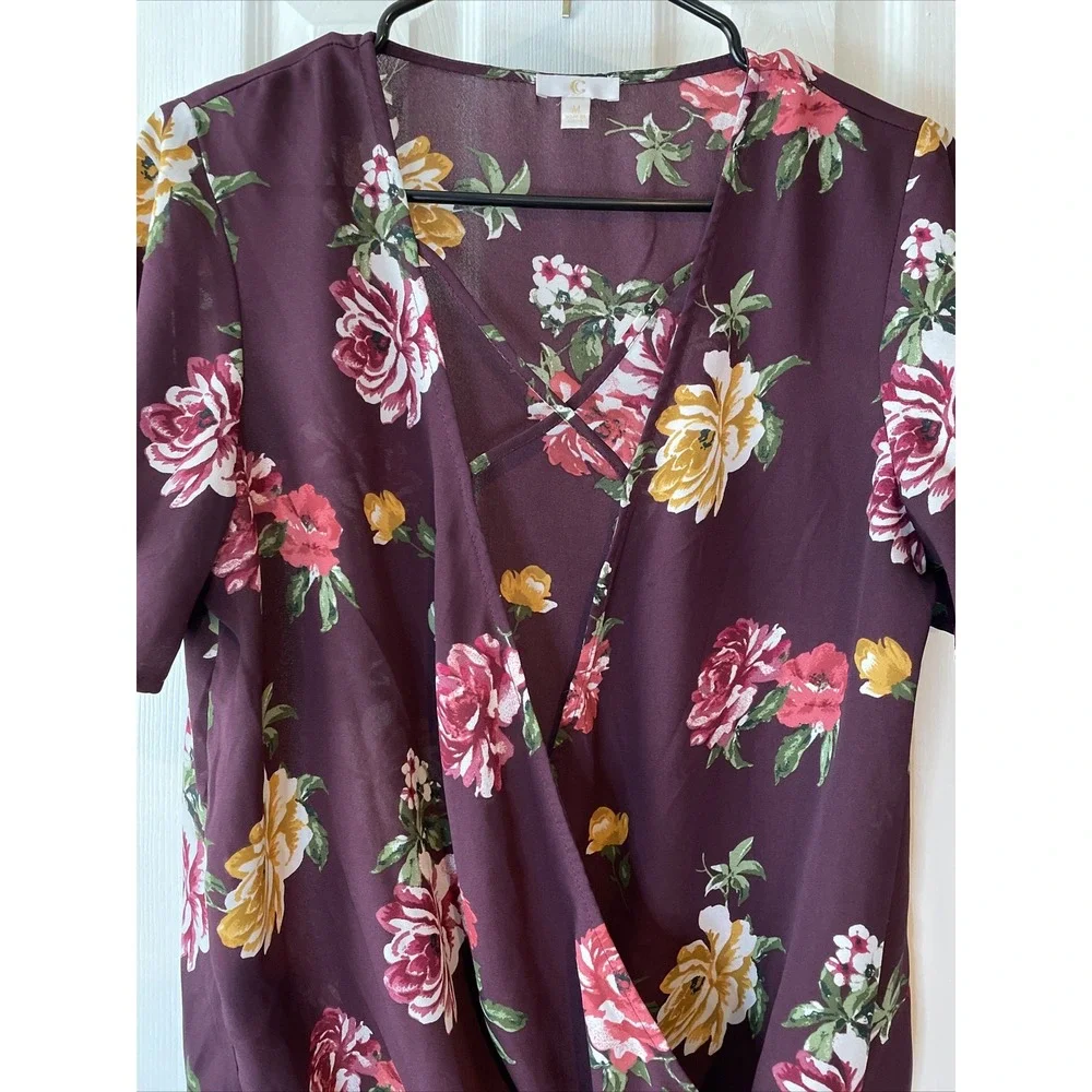 Faux Wrap Top Medium C Floral Purple Blouse Sheer Short Sleeve V-Neck‎ Feminine